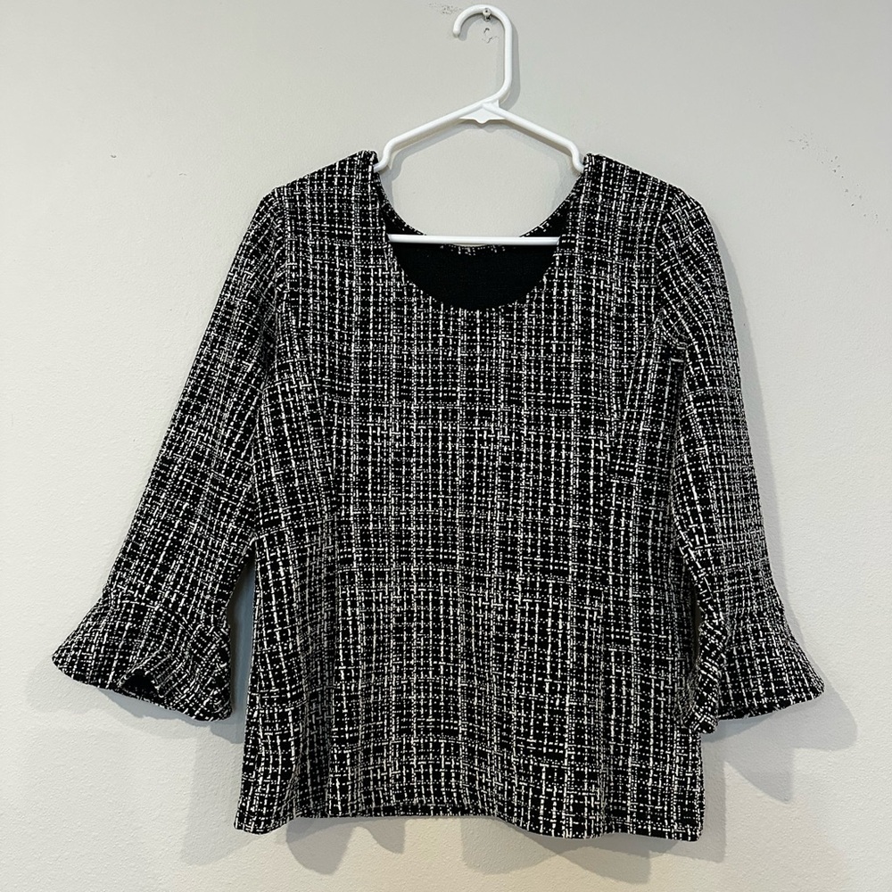 Talbots Black White Tweed Bell Sleeve‎ Top Women's Size Small